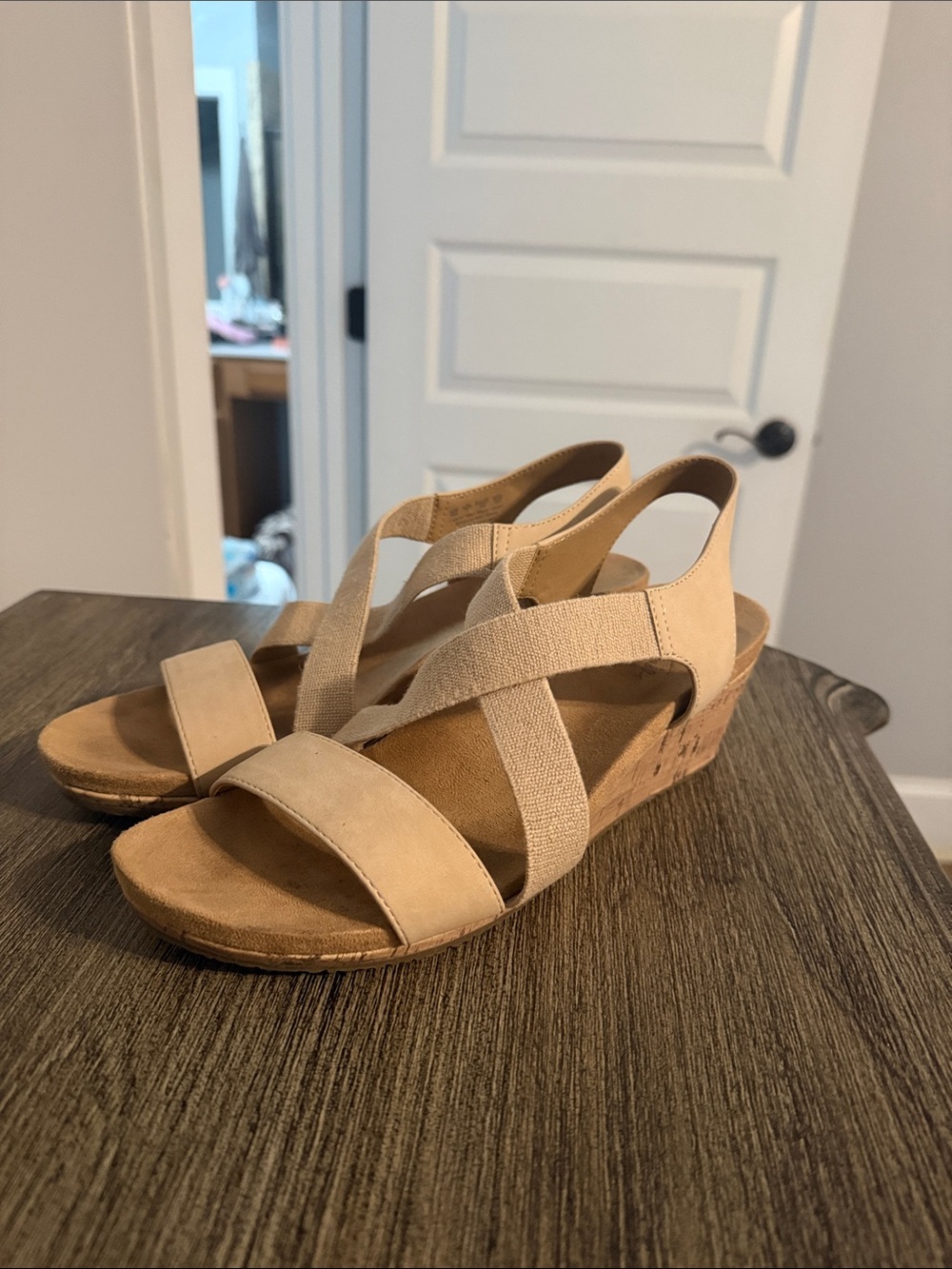 Life Stride Tan/Cream Wedge Sandals with Elastic Crossover Straps